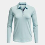 Polo de manga larga Under Armour Zinger MicroStripe para mujer Fuse Teal / Blanco / Metalico Plata M